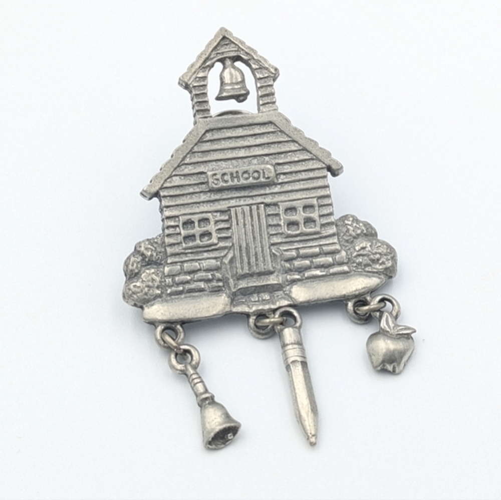 Vintage Jewelry Signed LCD Adorable Pewter School with Dangle Teacher Pin Brooch